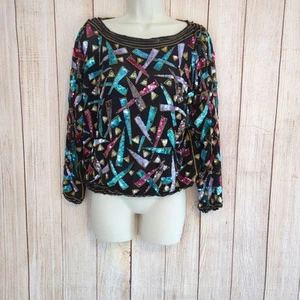 Vintage L'affaire Womens 70s 100% Silk Sequined Disco Retro Glam Top Small - Picture 1 of 12