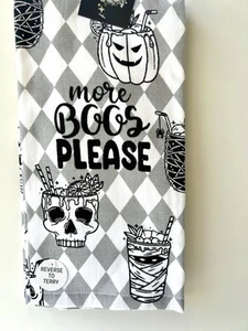 2 HALLOWEEN GRAY & WHITE SPOOKY COCKTAILS KITCHEN TOWELS MORE BOOS PLEASE - Picture 1 of 11