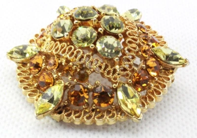 Brooch Pin - Signed Lisner - Flower - Orange & Yellow Rhinestones - Gold Tone - Image 1 of 4