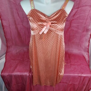 Vtg NINES Peach Polka-dot Silky Nylon Nightgown Slip Dress Sexy Sissy XXL Pinup - Picture 1 of 14