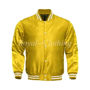 New Men's Varsity Letterman baseball Yellow Bomber Style All Satin Jacket XS~7XL - Picture 1 of 3