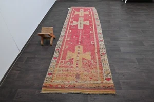 Vintage Turkish Runner Rug 3x11ft Wool Anatolian Handmade Hallway Oushak PINK - Picture 1 of 9