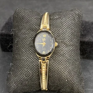 Damen-Quarzuhr goldfarben klar Strass schwarzes Zifferblatt elegant zierlich elegant - Bild 1 von 7