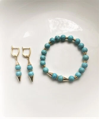 Juego de Pendientes Pulsera Turquesa Howlita Chapado en Oro Foto 1 de 4