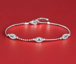 Evil Eye Protection Tennis Bracelet ~ WHITE GOLD PLATED SILVER, Adjustable - Picture 1 of 3