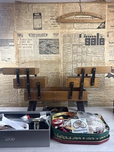 Vintage Mid Century Teak Foldable Sewing Box With Contents Box Of Buttons Thread - Picture 1 of 9