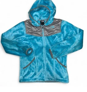 The North Face Denali Girls Hooded Fleece Jacket Aqua Blue Grey Large 14/16 - Picture 1 of 3