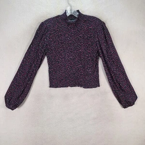 Purple Floral Smocked Stretch High Neck Balloon Sleeve Top Womens Blouse Size S - Picture 1 of 19
