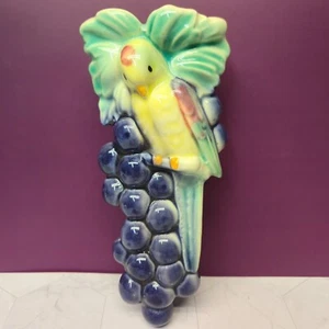 Mid-Century modern Wall Pocket Vase Ceramic Parrot & Grapes Hand Painted 1940's - Picture 1 of 11