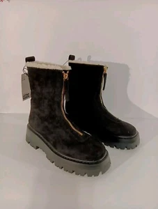 H&M Womens Black Faux Suede & Shearling Zipper Half Boots Size 7 NEW - Picture 1 of 12