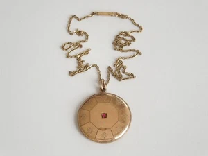 Antik Kette Anhänger Medaillon Goldton Farbstein Rosa 9,5 g/46 cm/3,7 x 2,9 cm - Bild 1 von 5