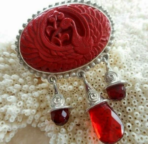 Sajen Sterling Silver Carved Heron Cinnabar Opalite Brooch Pendant 36M1 - Picture 1 of 8