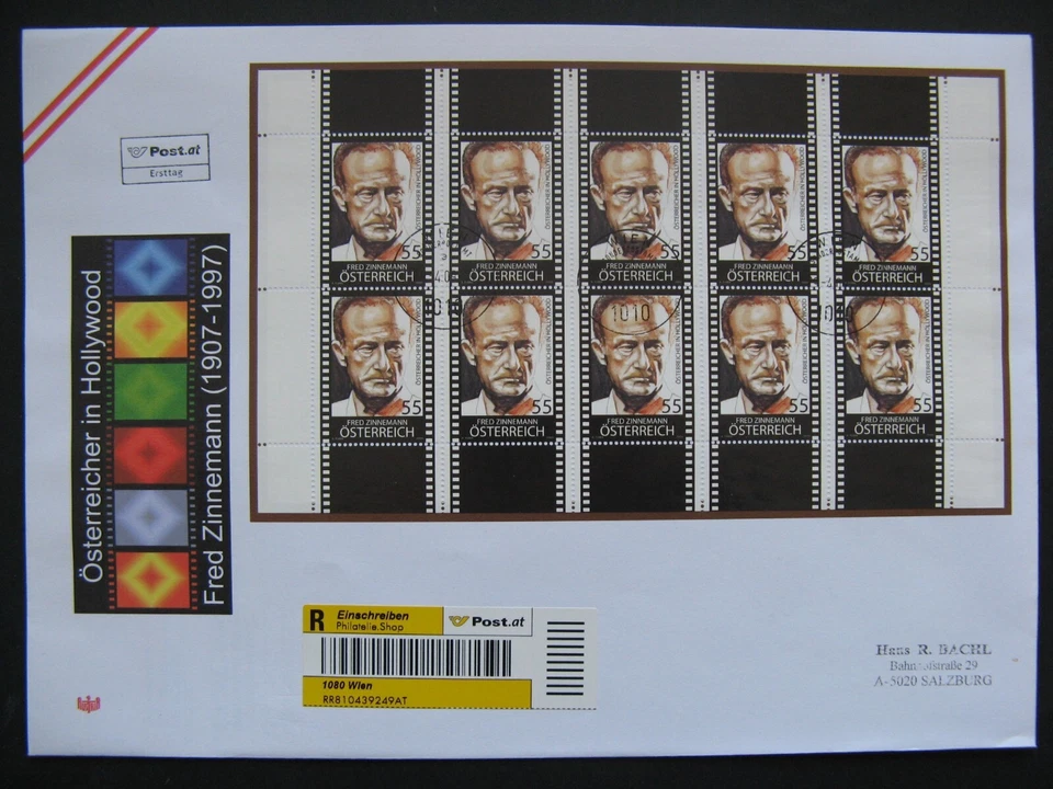 AUSTRIA, portada grande FDC 2009, mini hoja Fred Zimmermann Hollywood actor cine Foto 1 de 1