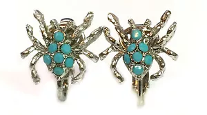 Vintage 1980's Silver & turquoise Colored Spider Clip on Earrings - Picture 1 of 2