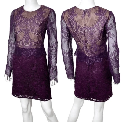 Monique Lhuillier Long Sleeve Lace Metallic Shimmer Sheath Mini Dress in Purple - Image 1 of 4