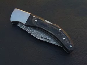 DAMASCUS STEEL CUSTOM MADE POCKET FOLDING KNIFE WOOD HANDLE W/SHEATH M423 - Picture 1 of 10
