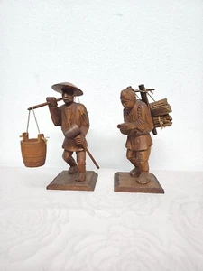 Figurine vintage in legno intagliato a mano contadino giapponese uomo e donna contadina rare - Foto 1 di 18