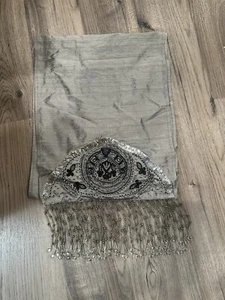 Elegant Gray Silver Beaded Fringe Sequined Ends Table Runner 70" x 14" - Picture 1 of 10
