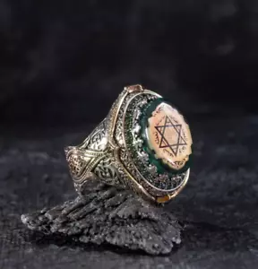 King Solomon seal engraved mens ring , Mint green amber Jewelry , Religious gift - Picture 1 of 7