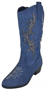 Stivali donna Forever cowboy cuciti a punta bling strass western19 blu denim - Foto 1 di 3