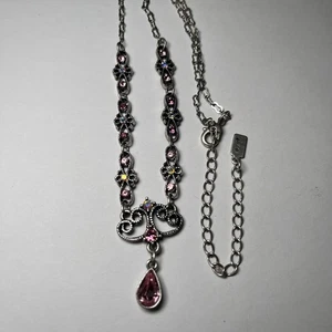 1928 Brand Silvertone Pink Teardrop Glass Necklace Vintage Y2K adjustable 16-18" - Picture 1 of 9