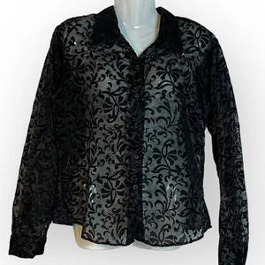 Transparente schwarze Samt beflockt Burnout Blumen Bluse L Knopfleiste Whimsigoth Witchy - Bild 1 von 11