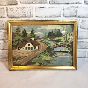 Needlepoint Vintage Country Cottage House Landscape Custom Framed 10"x14" - Picture 1 of 11