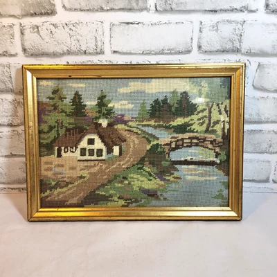 Casa de campo vintage Needlepoint paisaje personalizado enmarcado 10"x14" Foto 1 de 4