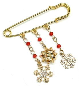 Gold Snowflakes, Red Beads, Holiday Bow Safety Pin Dangle Charm Brooch Christmas - Picture 1 of 4