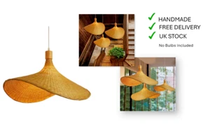 Bamboo Hanging Ceiling Lamp Hat Shaped Light Shade Handmade Rattan Decoration - Picture 1 of 13