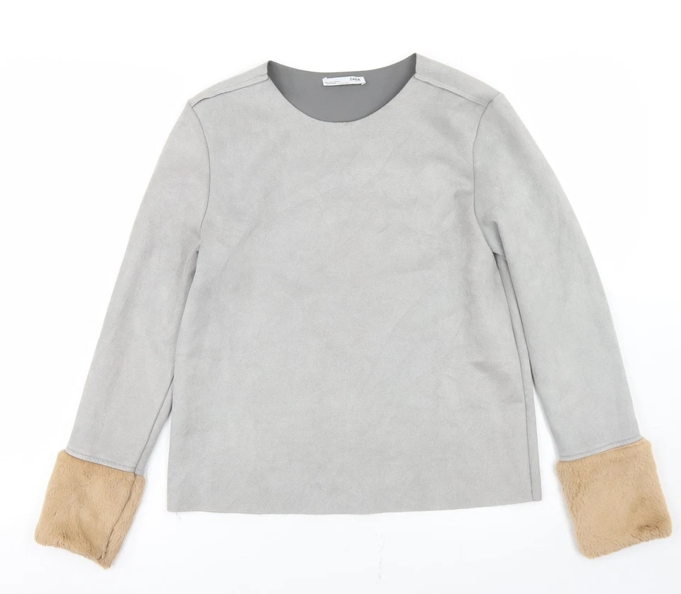 Zara Womens Grey Polyester Blend Blouse Size S - Faux Suede, Faux Fur - Image 1 of 4