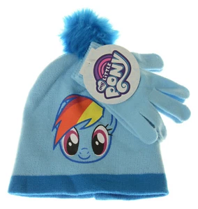 My Little Pony Beanie Hat and Gloves Set Rainbow Dash Blue Christmas Gift Poms - Picture 1 of 5