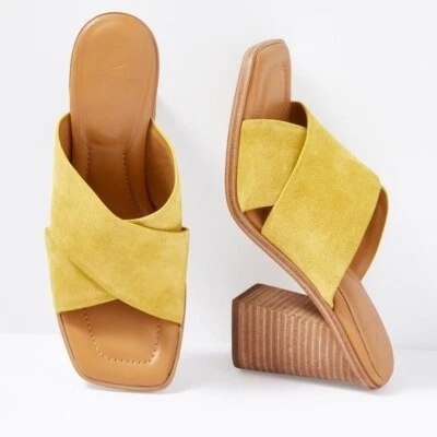 Marc Fisher Ltd Barli Salto de Madeira Amarelo Sol NOVO Com Caixa Tamanho 7.5 Camurça - Imagem 1 de 4