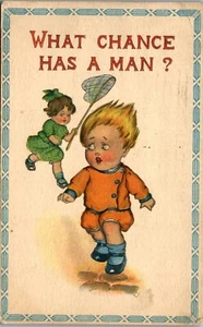 Vintage Humor Comic Postcard What Chance Has A Man ~ Chasing with Net 1914 - Picture 1 of 3