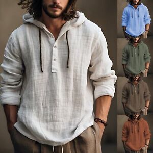 Men Solid Long Sleeve Cotton Hemp Sweater Casual Hooded Top Hoodies Shirt*Blouse