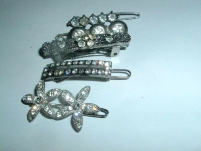 5 Vintage Victorian White Rhinestone Silver Post Barrettes 1.5" - Image 1 of 4