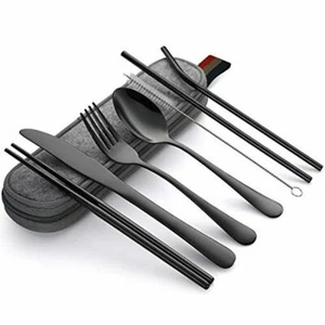 Portable Utensils Travel Camping Cutlery Set 8 PC Knife Fork Spoon BLACK -USA - Picture 1 of 3