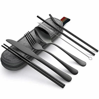 Portable Utensils Travel Camping Cutlery Set 8 PC Knife Fork Spoon BLACK -USA