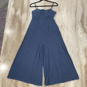 Navy Blue Womens LINEN Jumpsuit JUMPER Romper POCKETS Top Tie Back WIDE LEG M - Picture 1 of 9