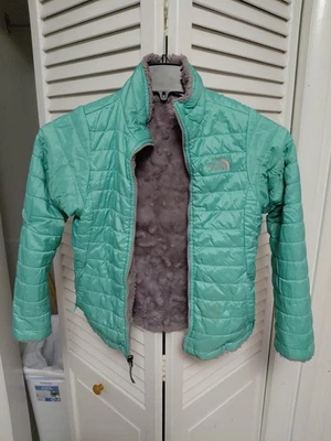 The North Face Fur Mossbud Swirl Coat  Teal Gray Reversible Girls Size M  10- 12 - Image 1 of 4