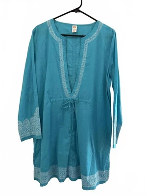 NUEVO Tropical Escape Mujer Cubre Grande Azul Blanco Bordado Playa Piscina  Foto 1 de 4