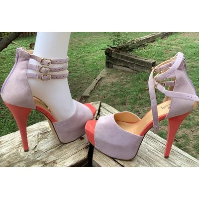 Tacones de aguja con plataforma Luichiny 8M púrpura melocotón 3 correa para el tobillo 5,5" tacón divertido y funky Foto 1 de 4