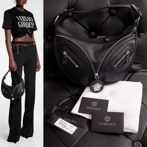 NEW VERSACE $1995 Black Leather RUNWAY REPEAT HOBO Small BAG & CROSSBODY STRAP - Picture 1 of 24