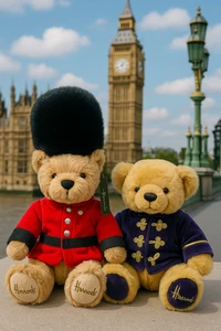 Juego de osos de peluche Harrods Guardsman 11" y chaqueta de terciopelo púrpura 9" felpa Londres - Imagen 1 de 13