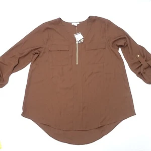 Cato Blouse Top Women Medium Brown Classic Formal Roll Tab Sleeve V-Neck 1/4 Zip - Picture 1 of 7
