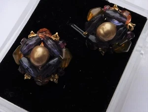 Vintage Signed LC Liz Claiborne Cluster Clip Earrings Brown Spun FX Pearl Purple - Picture 1 of 7