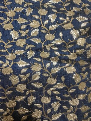 DENIM blue gray brocade silk dress craft clothing drapery SEWING fabric  GOLD - Image 1 of 4