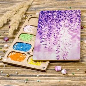 Wood bead organizer tray with wooden lid "Violet blossom" - Picture 1 of 5