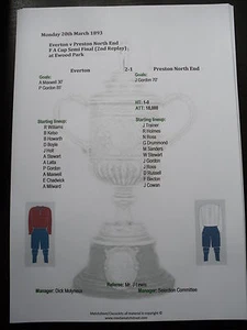 1892-93 FA Cup Semi Final (2nd Replay) Everton v Preston North End matchsheet - Picture 1 of 1