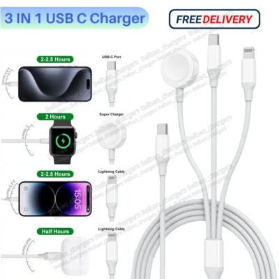 3 in 1 Multi Charging Cable For Apple Watch iPhone 16 15 14 12 Magnetic Charger - Image 1 of 4
